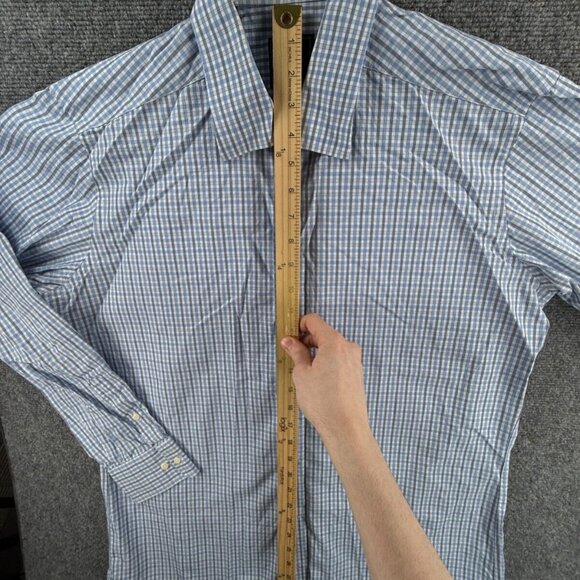 David Donahue Long Sleeve 17 34/35 Blue Check Trim Button Up Shirt Men Cotton - Picture 3 of 11